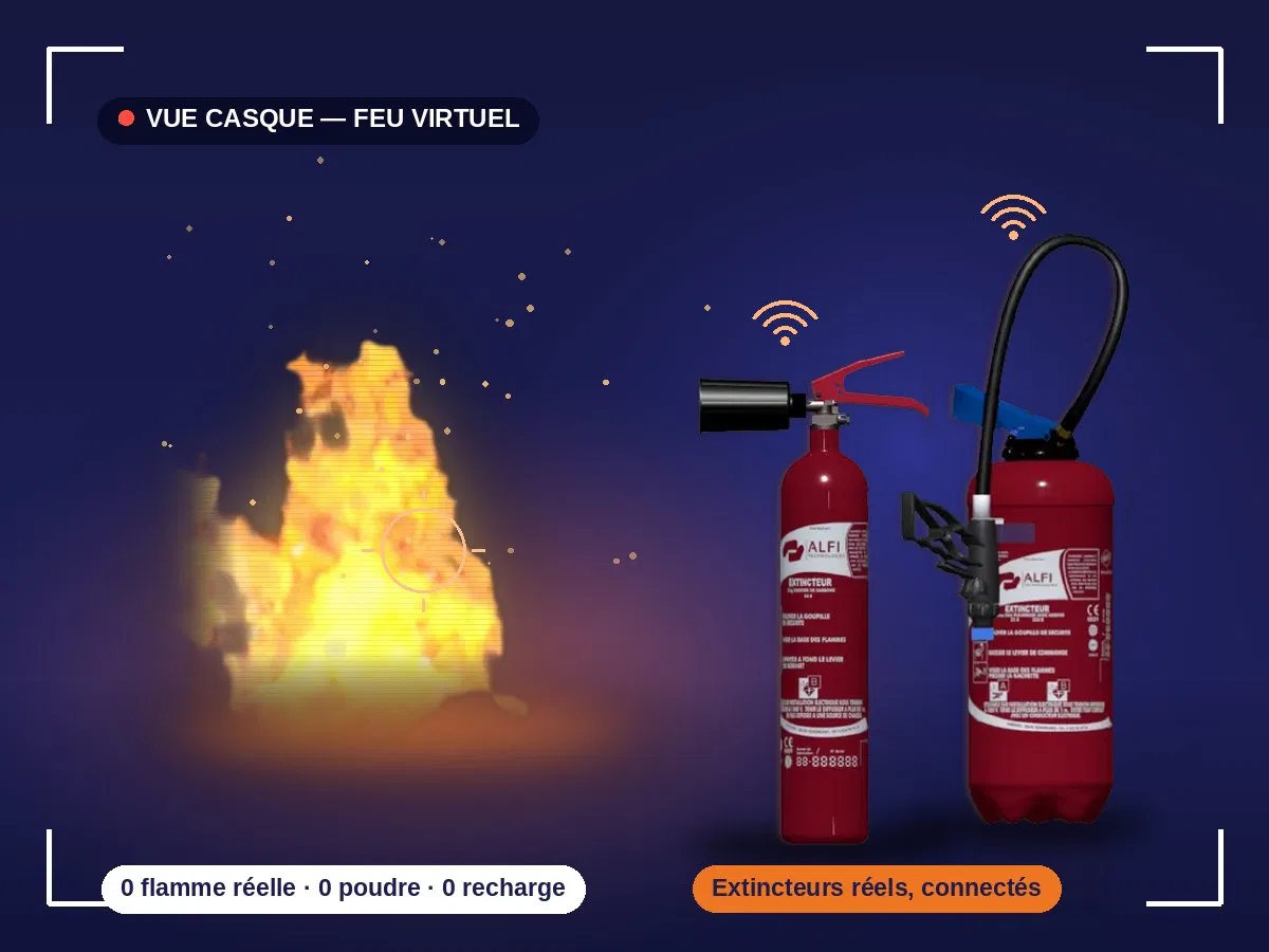 Départ de feu en réalité augmentée superposé à un atelier réel, vu à travers le casque